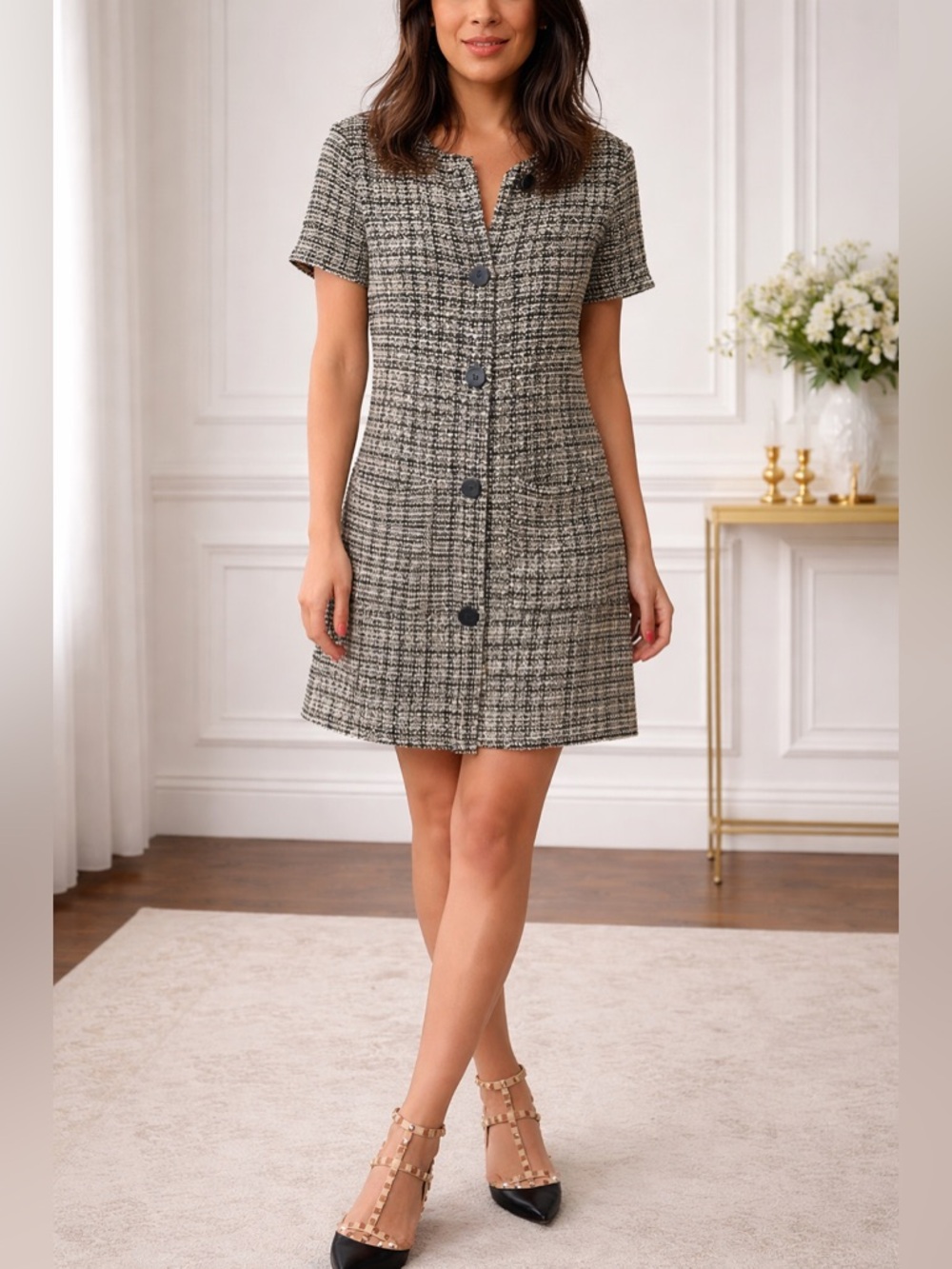 Zara Tweed Mini Dress Black White button
check S